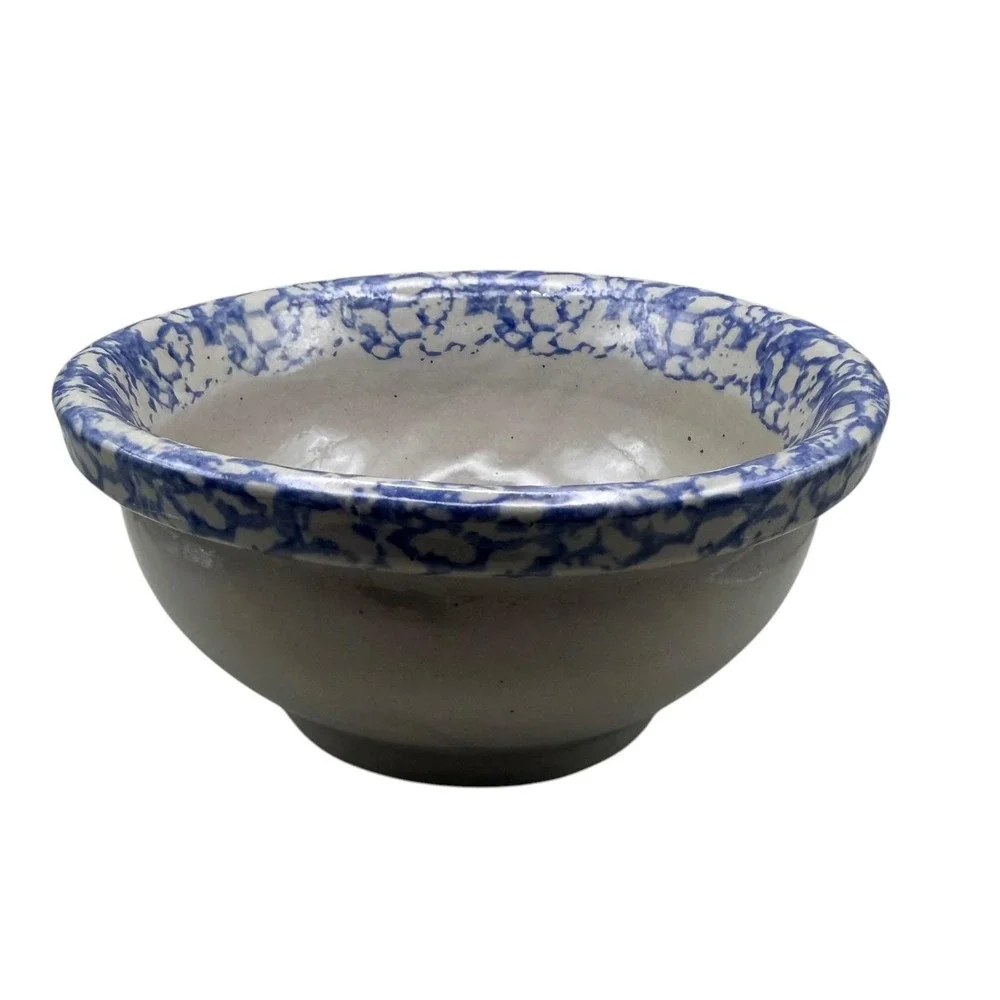 BBP Studio Pottery Blue White Spongeware Floral Stoneware Mixing Bowl 7 Inch